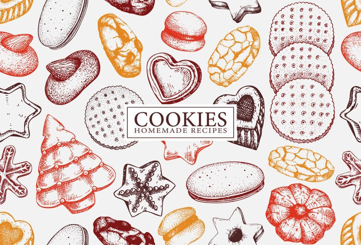 Bakery shop background in color. Popular cookies seamless pattern. Italian pastry sketches. Cookies with almond, chocolate, jam, crackers, chips hand drawn illustrations for logo, print, banner design